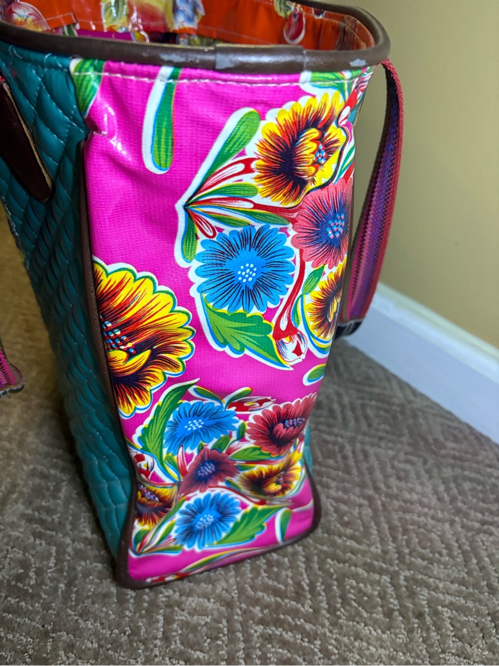 Consuela Teal Quilted Tote with Floral Side Panels and Striped Handles - Picture 9 of 12